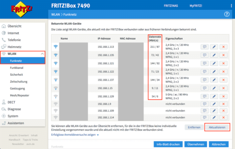 FRITZ!Box GUI WLAN Datenrate