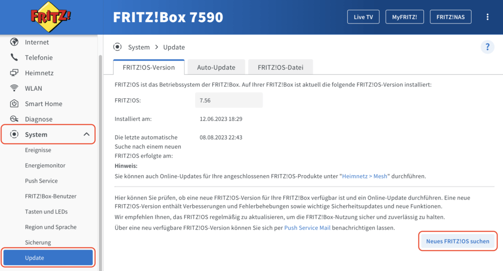 FRITZ!Box - FRITZ!OS-Update suchen